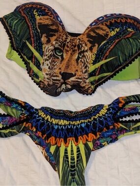 Tropical Leopard Print Bandeau Bikini in Neon Green Reversible